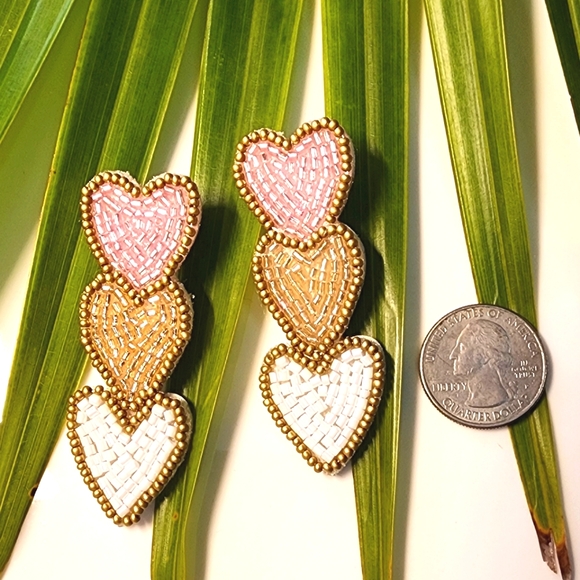 Pink,Champagne,White & Gold Heart Beaded Earrings Hand Crafted NWT - Picture 2 of 3